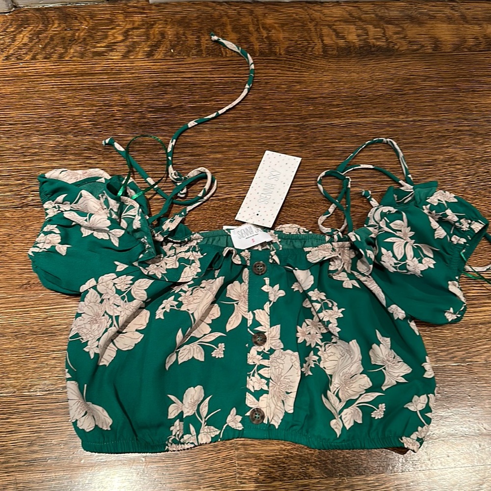 NEW Sienna Sky Emerald Green Floral boho bustier puff short sleeve crop top